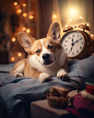 A cute corgi resting on a bed in a cosy room with a dreamy background