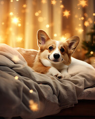 A cute corgi resting on a bed in a cosy room with a dreamy background