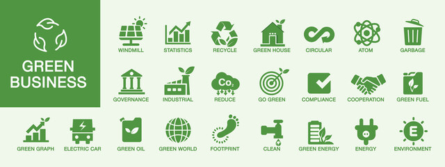 green business icons Environmental ecology, sustainability, money-saving investments, recycling, renewable energy and going green. Green business ideas, finance and sustainable investment - obrazy, fototapety, plakaty