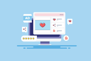 Social media marketing, content post on with like, share reaction, engaging audience with digital communication, e-business internet technology filled outline vector illustration.