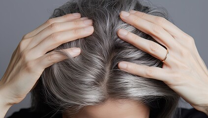 Naklejka premium Gray hair health portrait. Close up concept of natural and scalp. Beauty and care. View illustrating and scalp