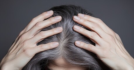 Naklejka premium Gray hair health portrait. Close up concept of natural and scalp. Beauty and care. View illustrating and scalp