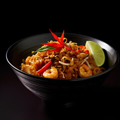 Pad thai noodles with vegetables lime and shrimp in black bowl Black background Close up side view