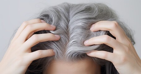 Naklejka premium Gray hair health portrait. Close up concept of natural and scalp. Beauty and care. View illustrating and scalp