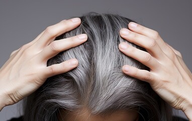 Gray hair health portrait. Close up concept of natural and scalp. Beauty and care. View illustrating and scalp