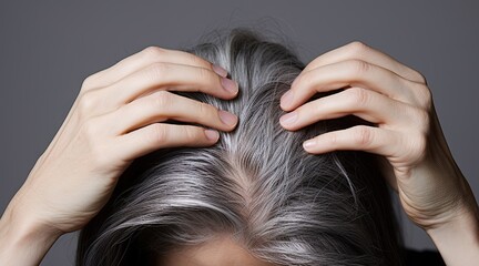 Gray hair health portrait. Close up concept of natural and scalp. Beauty and care. View illustrating and scalp