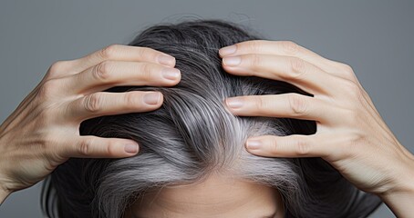 Naklejka premium Gray hair health portrait. Close up concept of natural and scalp. Beauty and care. View illustrating and scalp