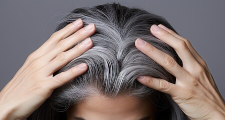 Fototapeta premium Gray hair health portrait. Close up concept of natural and scalp. Beauty and care. View illustrating and scalp