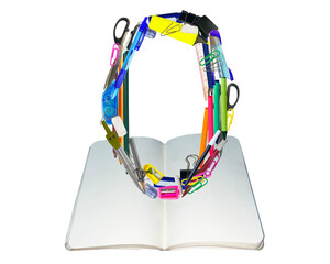 The shape of the number 0 is made of various kinds of stationery isolated on transparent background