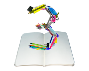 The shape of the number 3 is made of various kinds of stationery isolated on transparent background