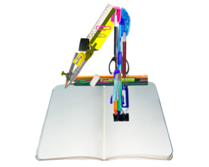 The shape of the number 4 is made of various kinds of stationery isolated on transparent background