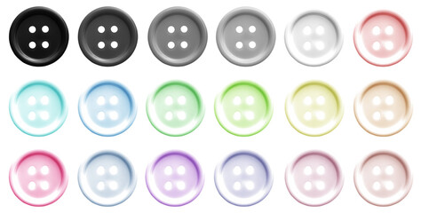 Colourful pastel plastic clothes plastic sewing button on transparent background cutout, PNG file. Many assorted different colours. Mockup template for artwork graphic design. 