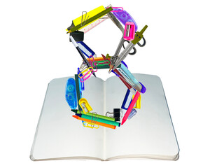 The shape of the number 8 is made of various kinds of stationery isolated on transparent background
