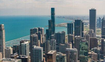 skyscraper architecture of chicago seaside city. metropolis city skyline. aerial view on downtown cityscape. skyscraper aerial view. cityscape skyline. architectural building in touristic metropolis