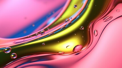 The close up of a glossy liquid surface in bright lime green and hot pink colors with a soft focus. Generative AI AIG30. generative AI