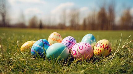Easter eggs on a field with a blue sky in the background