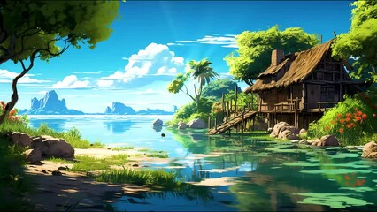 
"Lo-Fi island beats visualizer for VTubers: serene animated island backdrop, perfect for streams, video calls ,. Elevate virtual ambience with tropical rhythms & dynamic visuals