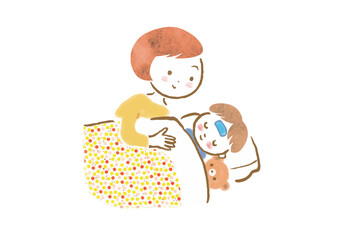熱が出た子どもの看病をするお母さんのイラスト