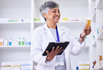 Senior woman, pharmacy and tablet with product, information or inventory of pharmaceutical store or shop for healthcare. Telehealth, mobile app or pharmacist with shelf of medicine, pills or drugs