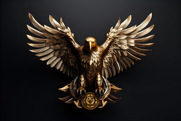 Eagle, gold emblem on black background, 3d illustration,  generated ai - obrazy, fototapety, plakaty