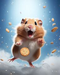 Naklejka premium A cute hamster jumping in the middle of the air with foods surrounded it