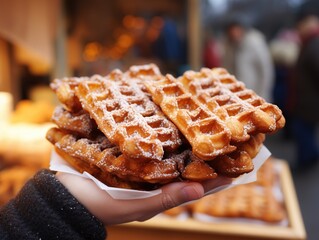 Churros waffles in a hand on the winter snow market. Churros Mexican street food dessert. Fast food sweets, Christmas fair cookies,