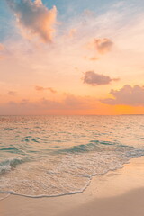 Fototapeta premium Best vertical beach coast panorama. Sunset landscape, calm sea waves relaxing sky clouds. Inspire meditation wallpaper. Majestic nature captivating serene gold sands tranquil. Picturesque paradise