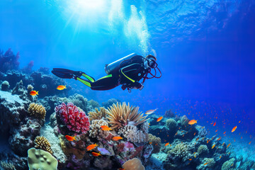 Diver swimming over a coral reef.