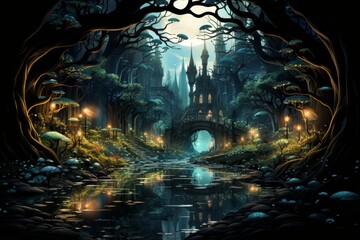 Castle, bridge and river under the full moon. Fantasy Night landscape with Castle on the cliff.