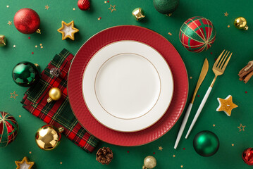 Elegant holiday dinner table setting. Overhead perspective of plates, golden cutlery, plaid napkin, baubles, pine cone, cinnamon sticks, star candles, sparkling confetti on a green background