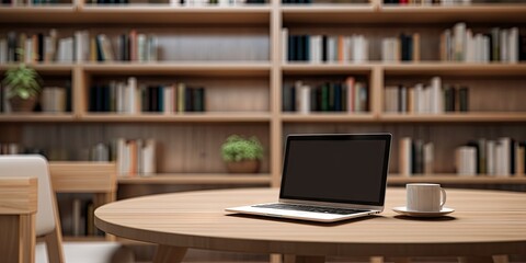 Modern workspace. Empty desk with laptop technology in business. Digital office setup. Blank screen on wooden table. Creative desktop