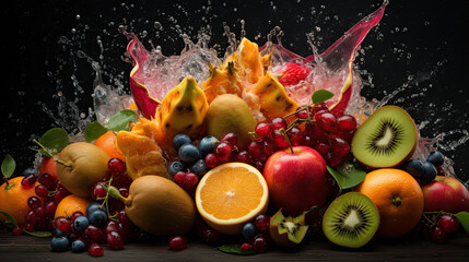 A bunch of fruits with a splash of water