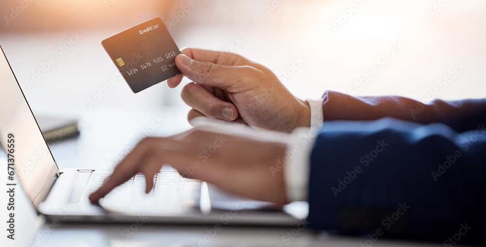 Wall mural Business man, hands and credit card at laptop for ecommerce, accounting budget or banking investment. Closeup of worker at computer for online shopping, fintech and trading money in financial economy