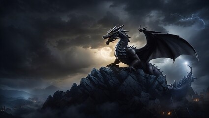 solitary dragon soaring through a stormy, moonlit sky, casting a menacing shadow over a medieval village