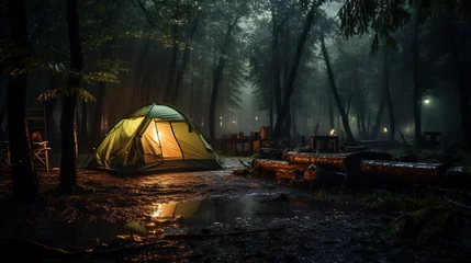 Tableaux ronds sur aluminium Camping Rain on the tent