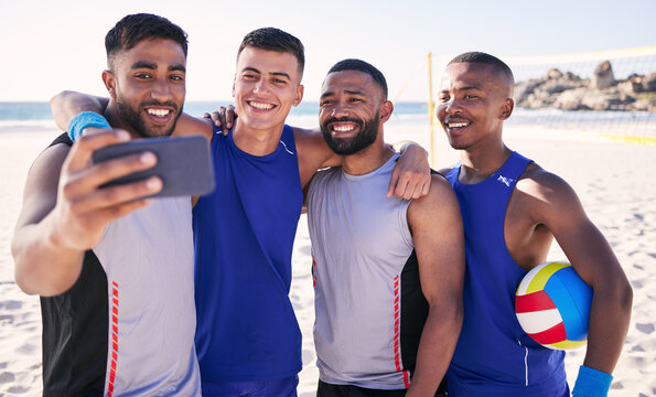 Volleyball, smile or team selfie at beach with support in sports training, exercise or fitness workout. Sea, teamwork or happy men on mobile app for a social media picture or group photo after game