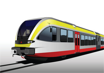 Gray-red-yellow modern speed bullet train. Fast suburban, subway, metro, commuter, hovercraft. Vector illustration.