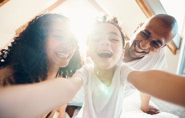 Funny, family and face selfie in home, bonding and laughing together with lens flare. Portrait,...