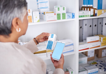 Woman, hands and phone mockup at pharmacy for medication, research or information on product in store. Female person looking at medicine with smartphone display for pharmaceutical search at clinic - obrazy, fototapety, plakaty