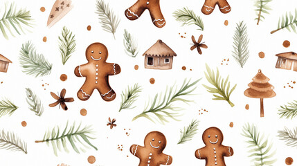 Fototapeta premium Seamless Christmas or New Year watercolor pattern with gingerbread men. Aspect ratio 16:9