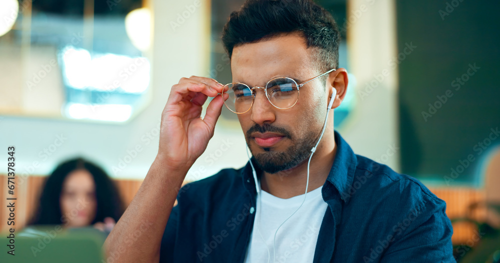 Poster man, reading glasses and cafe for online research, remote work and review of website and analysis. f