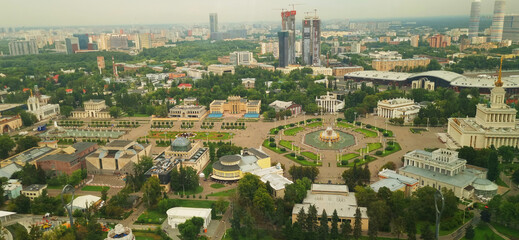 Moscow, Russia - 08.08.2023 -Areal view of Exhibition of Achievements of National Economy site, known as VDNKH. City