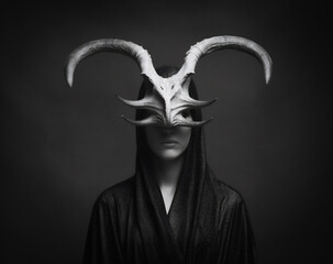 Studio portrait of a woman wearing a mask and a hood cloak. Headdress made of animal antlers. Surreal and mysterious.
