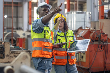 Factory metal workers install solar panels, cut costs, earn carbon credits, combat climate change.