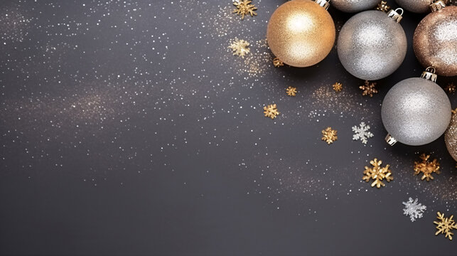 Top view of golden Christmas bauble ball decoration on black table background with copy space. Merry Christmas and New Year card background. Winter holiday Xmas concept. Frame for card.