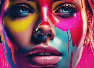 pop art illustration of rubber, a close-up of a woman's face with colorful paint