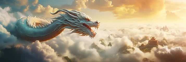 Tuinposter Chinese Dragon Flying among Clouds © Doraway