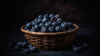 Blueberries in a basket with one of them on a table