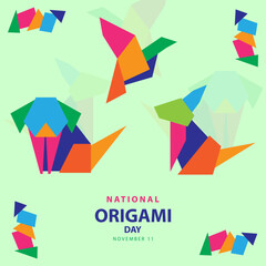 National Origami Day on november 11, With a concept several types of colorful origami animals vector illustration and text isolated on color background for celebrate National Origami Day.