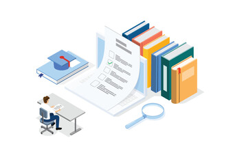 Isometric flat vector concept of online testing, Questionnaire form, Online education, Survey, Internet exam.